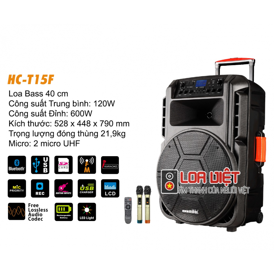 Loa kéo di động A/D/S HC-T15F chính hãng. Tặng kèm 2 mic cầm tay